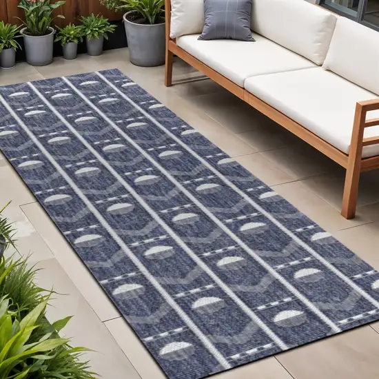 8' Navy Blue And Cream Geometric Indoor Outdoor Runner Rug Photo 1