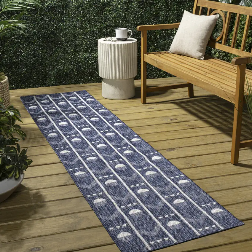 8' Navy Blue And Cream Geometric Indoor Outdoor Runner Rug Photo 5