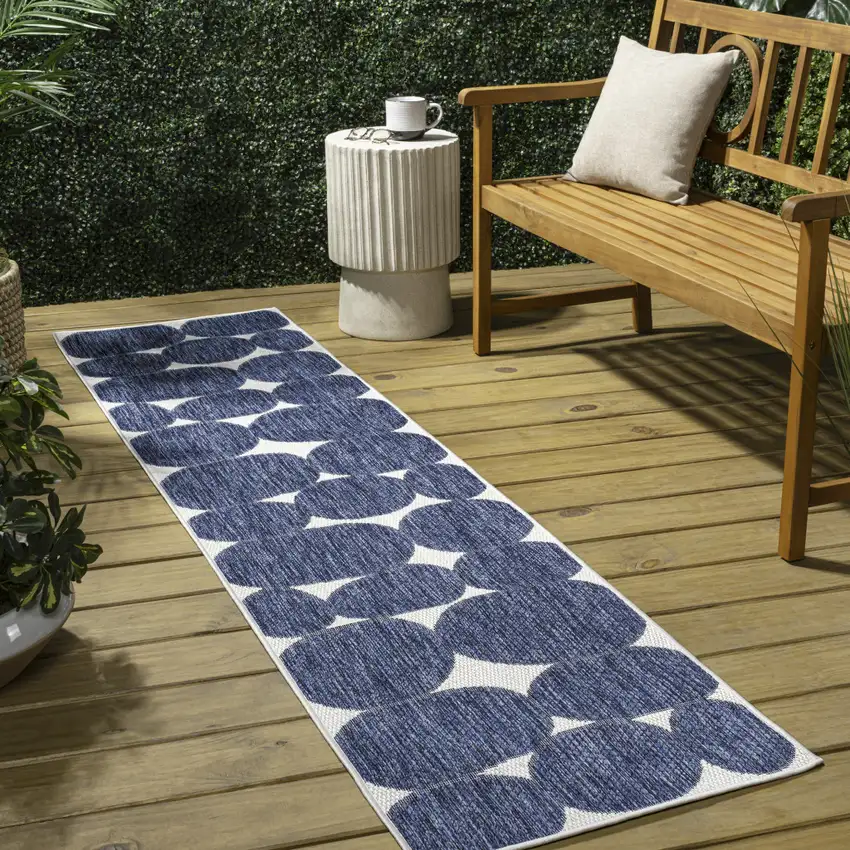 8' Navy Blue And Cream Geometric Indoor Outdoor Runner Rug Photo 5