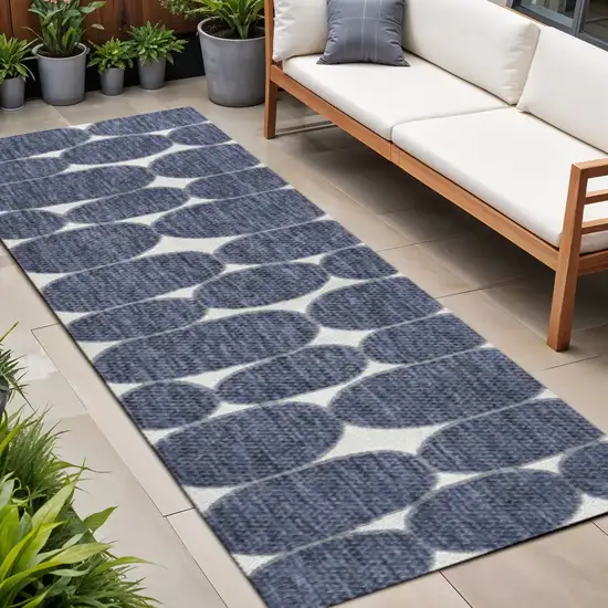 8' Navy Blue And Cream Geometric Indoor Outdoor Runner Rug Photo 1