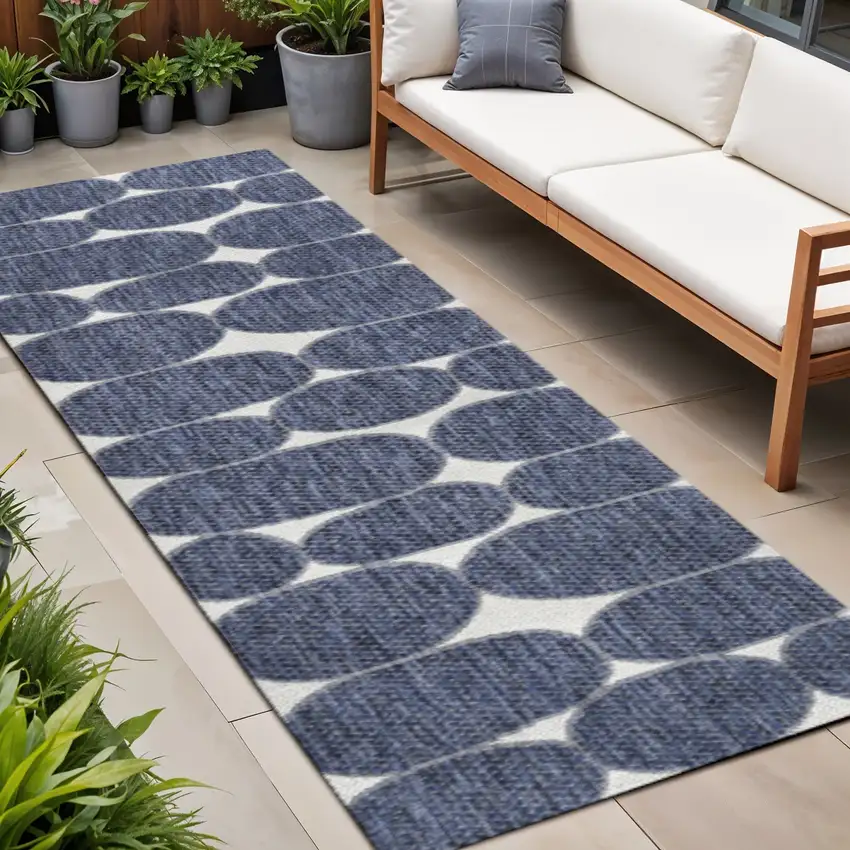 8' Navy Blue And Cream Geometric Indoor Outdoor Runner Rug Photo 1