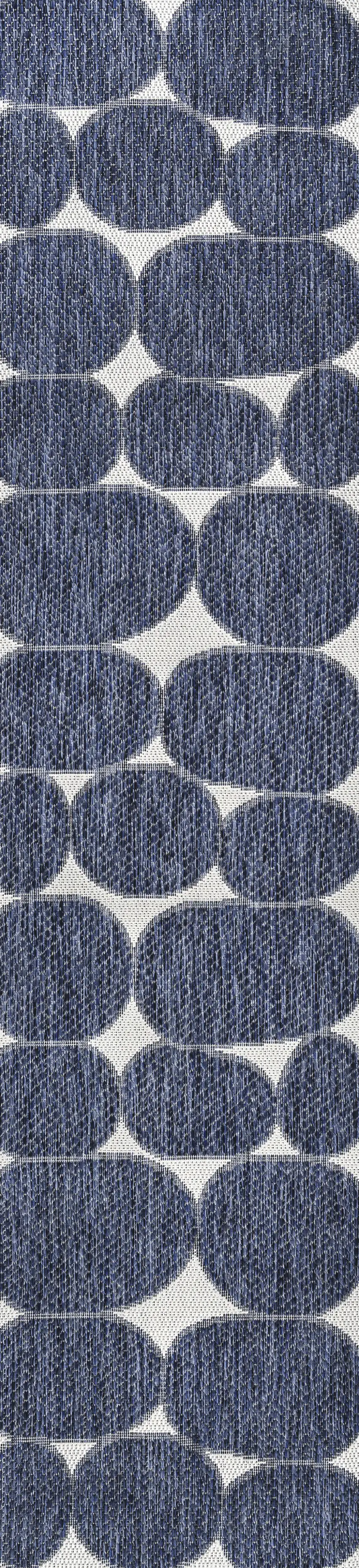 8' Navy Blue And Cream Geometric Indoor Outdoor Runner Rug Photo 3