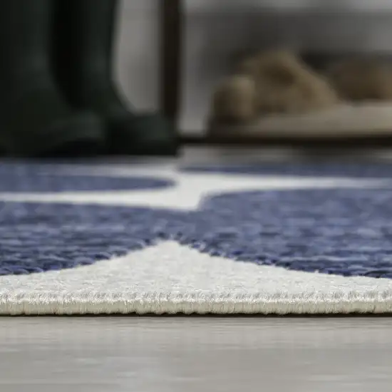 8' Navy Blue And Cream Geometric Indoor Outdoor Runner Rug Photo 7