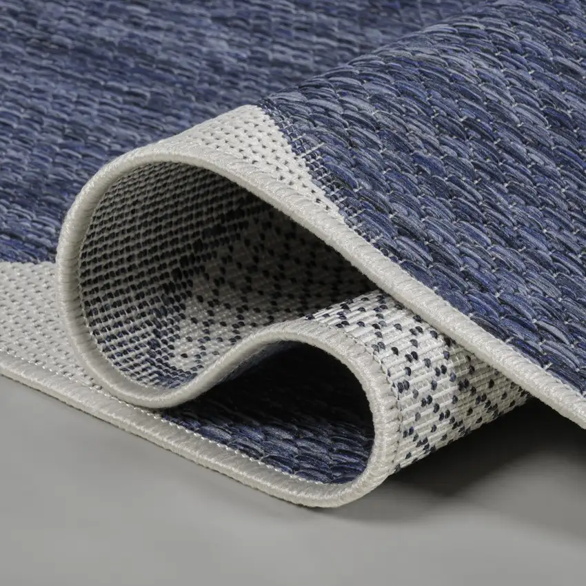 8' Navy Blue And Cream Geometric Indoor Outdoor Runner Rug Photo 8