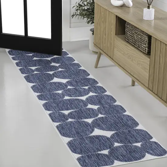 8' Navy Blue And Cream Geometric Indoor Outdoor Runner Rug Photo 4