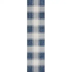 Photo of 8' Navy Blue And Cream Gingham Indoor Outdoor Runner Rug