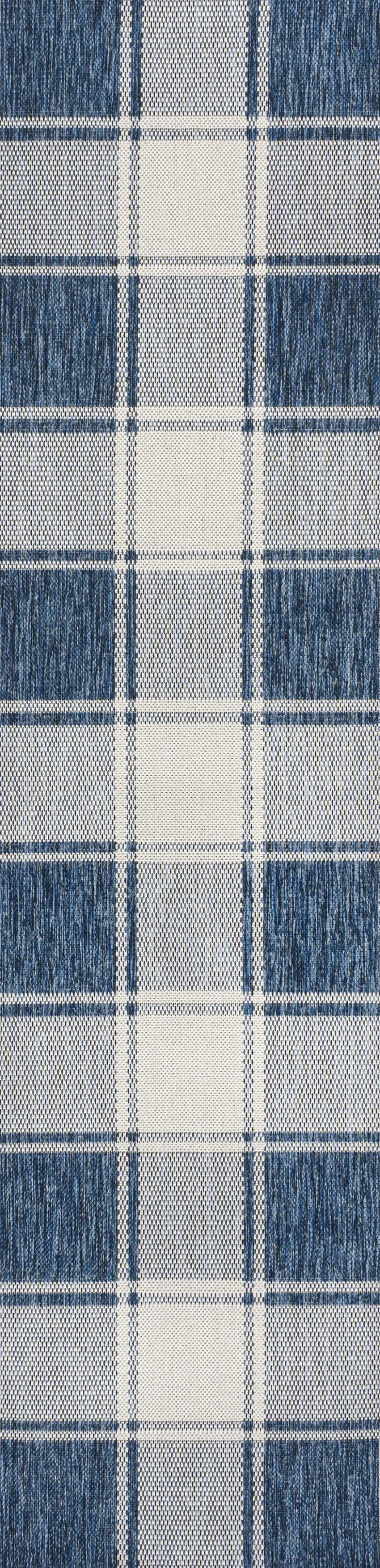 8' Navy Blue And Cream Gingham Indoor Outdoor Runner Rug Photo 1