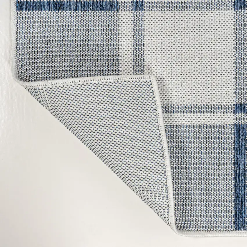 8' Navy Blue And Cream Gingham Indoor Outdoor Runner Rug Photo 8