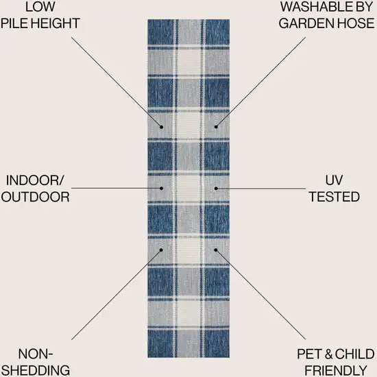 8' Navy Blue And Cream Gingham Indoor Outdoor Runner Rug Photo 7