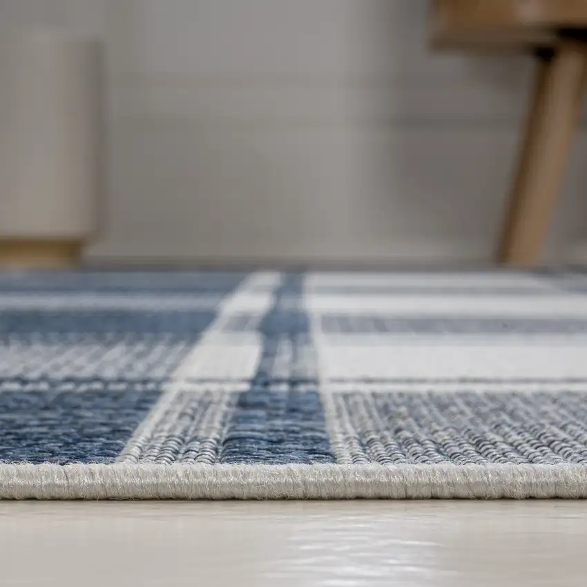 8' Navy Blue And Cream Gingham Indoor Outdoor Runner Rug Photo 9