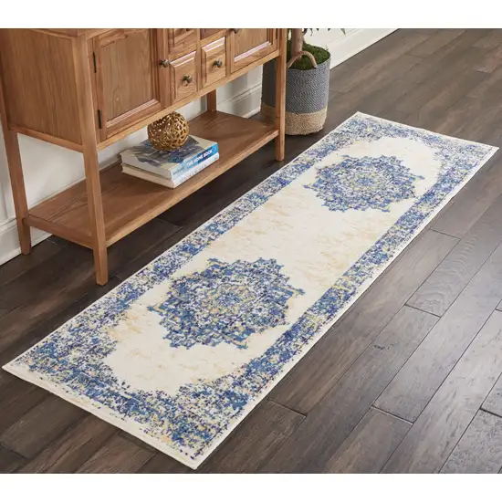 6' Navy Blue And Cream Medallion Distressed Runner Rug Photo 5