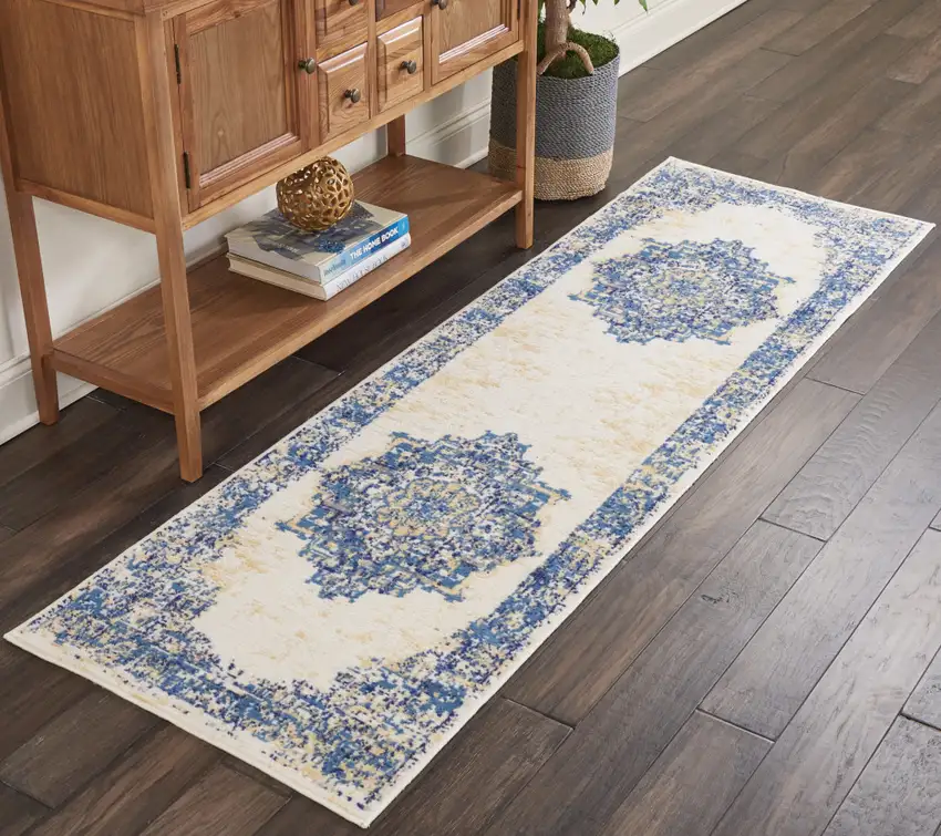 6' Navy Blue And Cream Medallion Distressed Runner Rug Photo 5