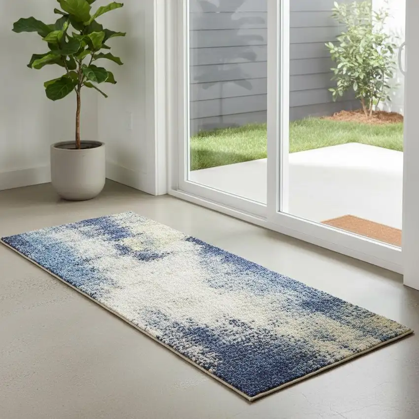 6' Navy Blue And Cream Medallion Distressed Runner Rug Photo 1