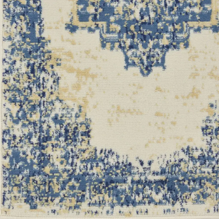 6' Navy Blue And Cream Medallion Distressed Runner Rug Photo 9