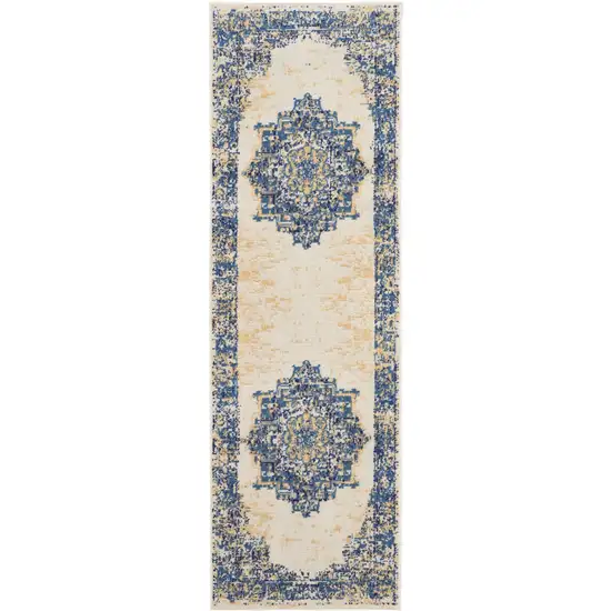 6' Navy Blue And Cream Medallion Distressed Runner Rug Photo 7