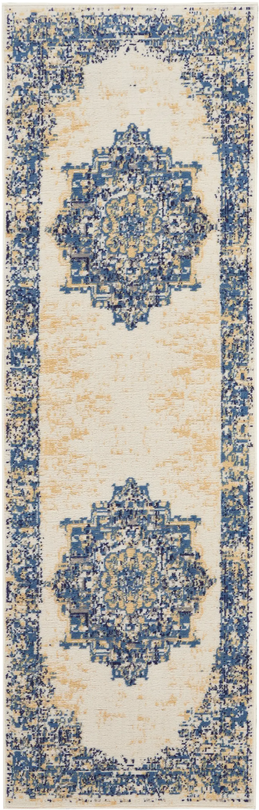 6' Navy Blue And Cream Medallion Distressed Runner Rug Photo 7