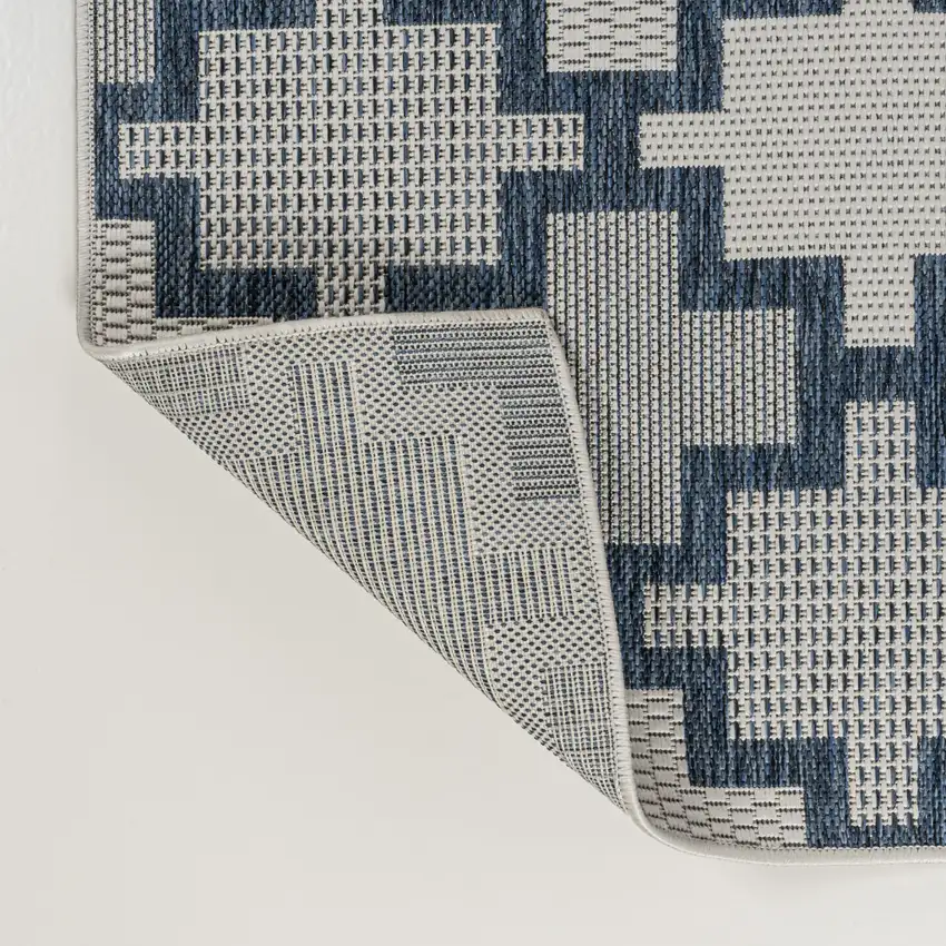 8' Navy Blue And Cream Trellis Indoor Outdoor Runner Rug Photo 1