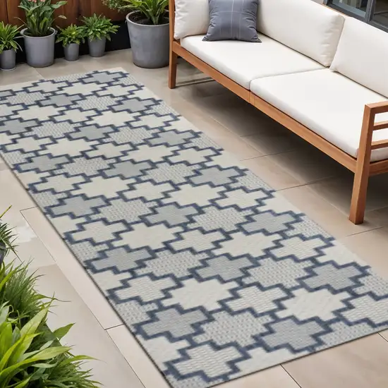 8' Navy Blue And Cream Trellis Indoor Outdoor Runner Rug Photo 1