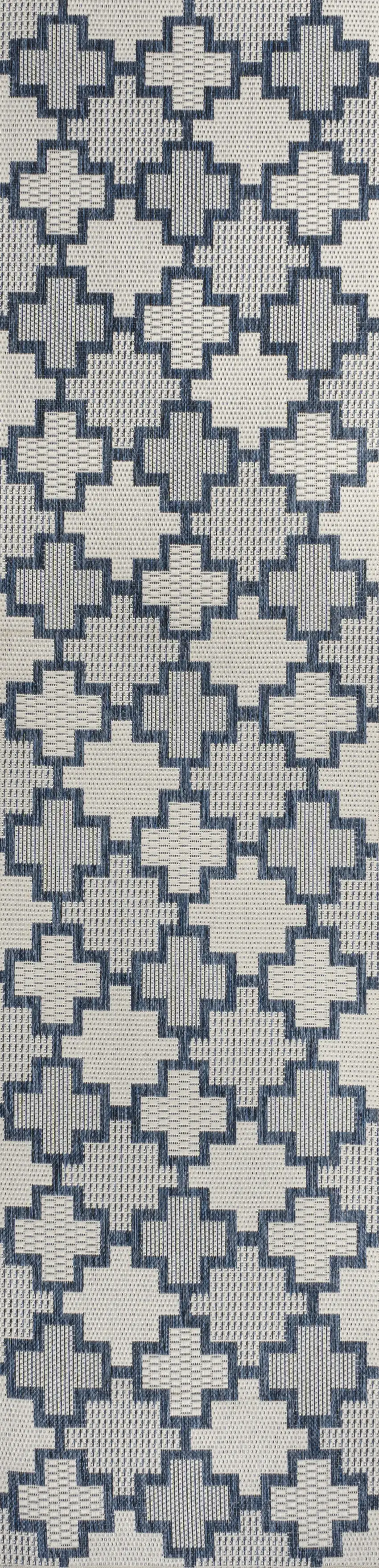 8' Navy Blue And Cream Trellis Indoor Outdoor Runner Rug Photo 8