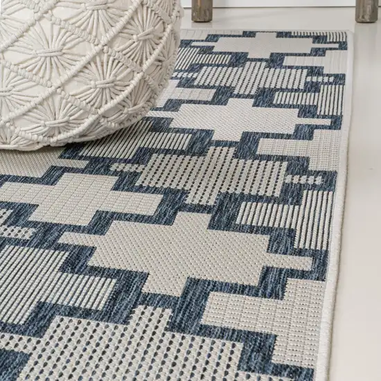 8' Navy Blue And Cream Trellis Indoor Outdoor Runner Rug Photo 6