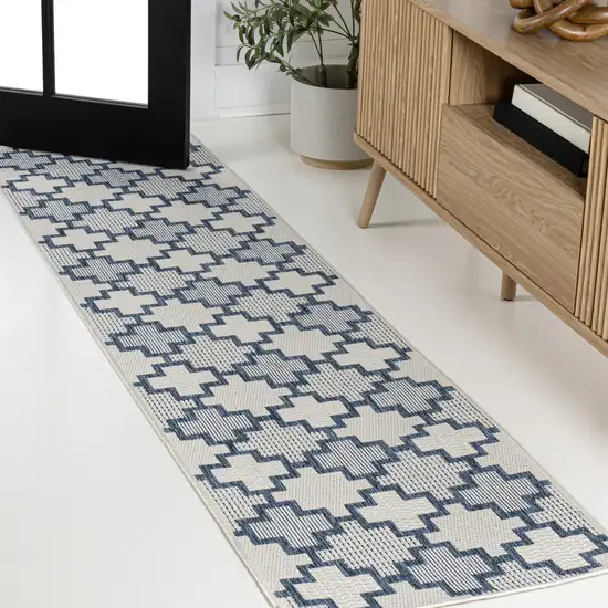 8' Navy Blue And Cream Trellis Indoor Outdoor Runner Rug Photo 3