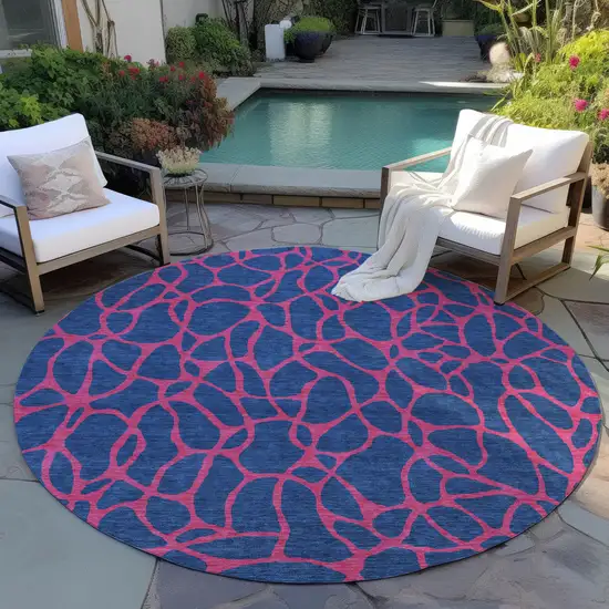 8' Navy Blue And Dark Pink Round Geometric Washable Indoor Outdoor Area Rug Photo 6