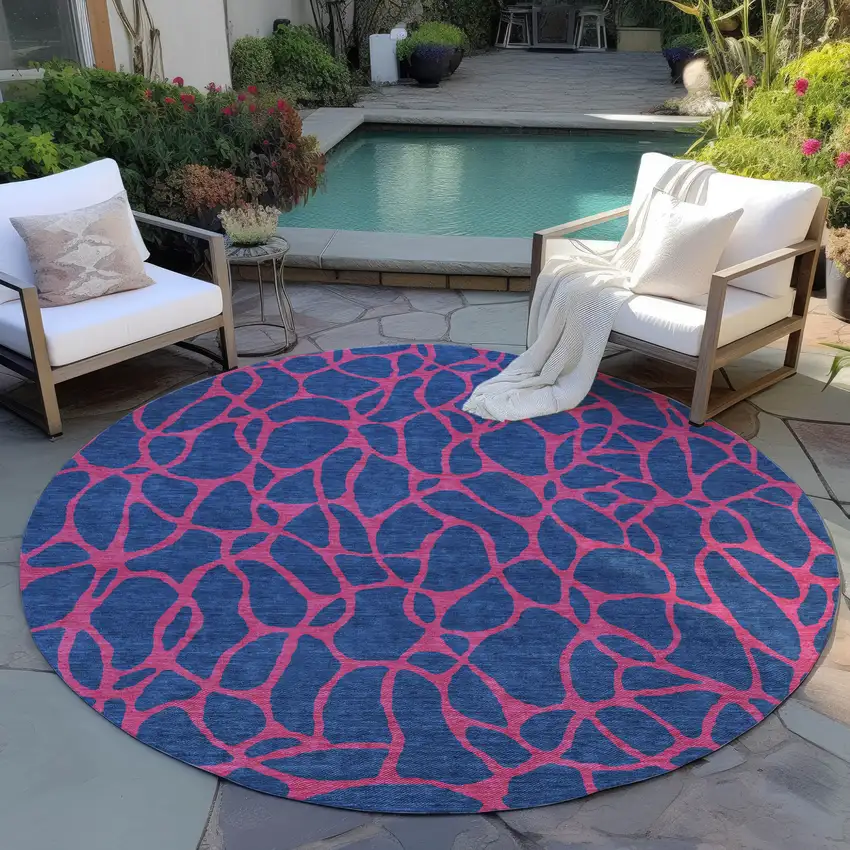 8' Navy Blue And Dark Pink Round Geometric Washable Indoor Outdoor Area Rug Photo 6