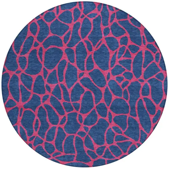 8' Navy Blue And Dark Pink Round Geometric Washable Indoor Outdoor Area Rug Photo 4