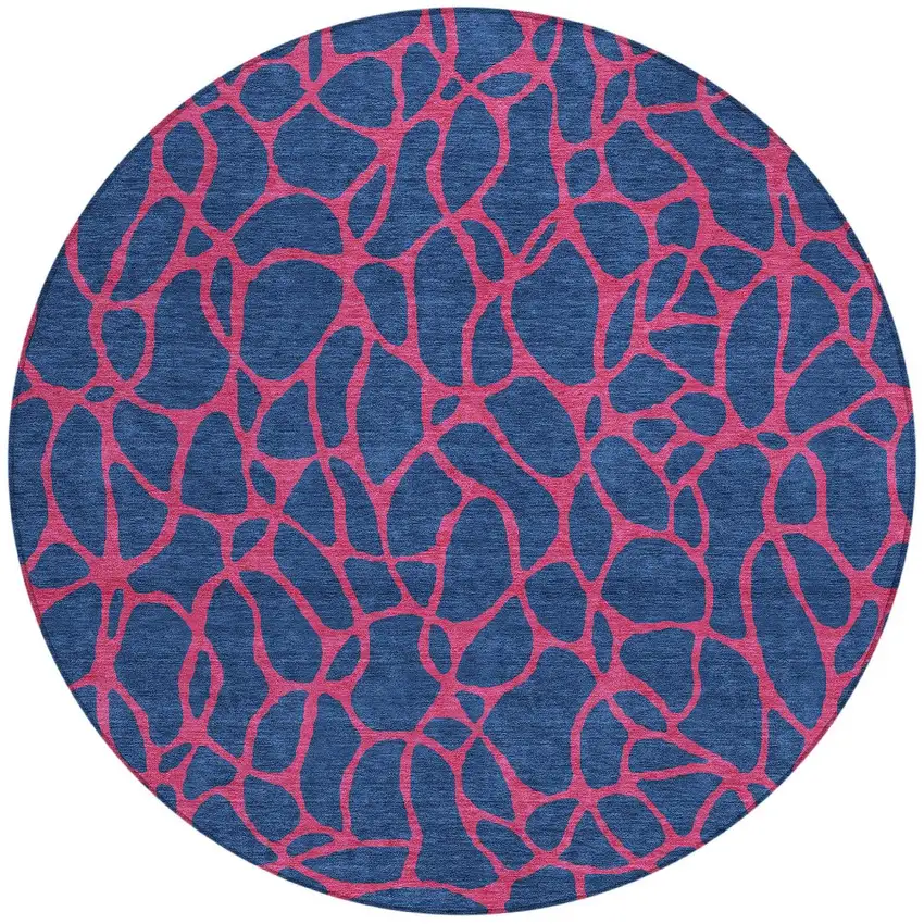 8' Navy Blue And Dark Pink Round Geometric Washable Indoor Outdoor Area Rug Photo 4