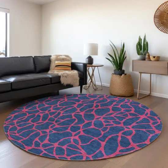 8' Navy Blue And Dark Pink Round Geometric Washable Indoor Outdoor Area Rug Photo 7