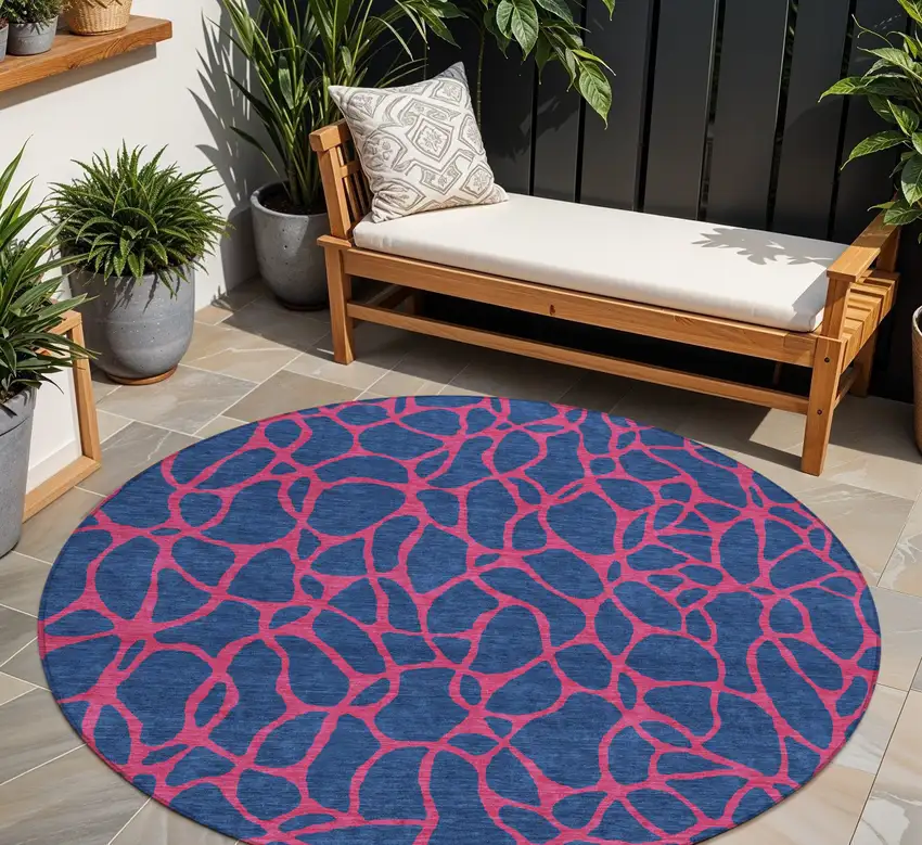 8' Navy Blue And Dark Pink Round Geometric Washable Indoor Outdoor Area Rug Photo 1