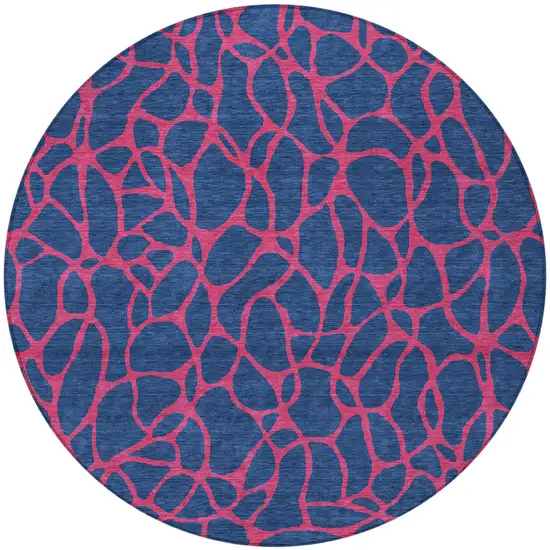 8' Navy Blue And Dark Pink Round Geometric Washable Indoor Outdoor Area Rug Photo 5