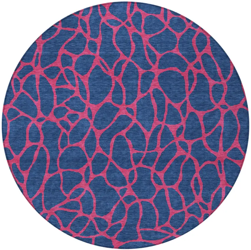 8' Navy Blue And Dark Pink Round Geometric Washable Indoor Outdoor Area Rug Photo 5