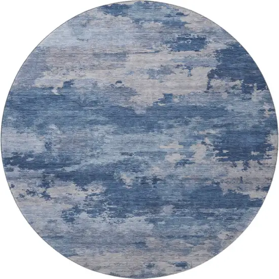8' Navy Blue And Denim Blue Abstract Washable Round Rug With UV Protection Photo 4