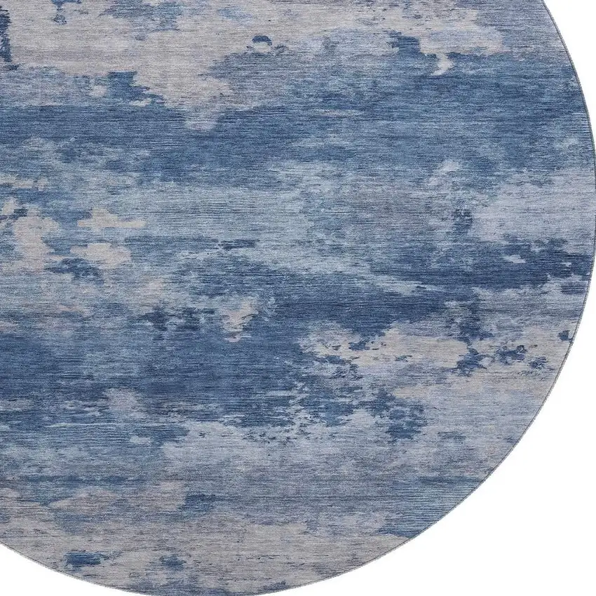 8' Navy Blue And Denim Blue Abstract Washable Round Rug With UV Protection Photo 3