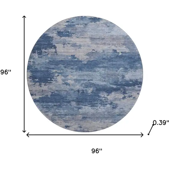 8' Navy Blue And Denim Blue Abstract Washable Round Rug With UV Protection Photo 8