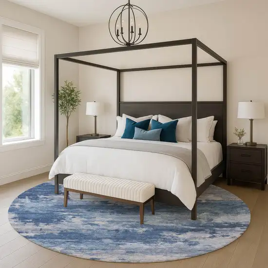 8' Navy Blue And Denim Blue Abstract Washable Round Rug With UV Protection Photo 5