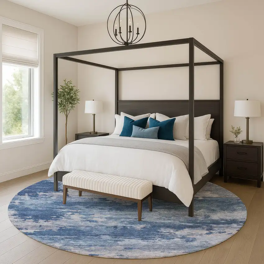 8' Navy Blue And Denim Blue Abstract Washable Round Rug With UV Protection Photo 5