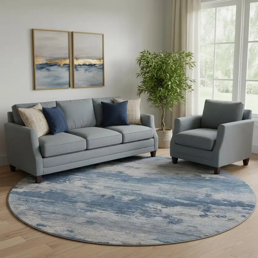8' Navy Blue And Denim Blue Abstract Washable Round Rug With UV Protection Photo 2