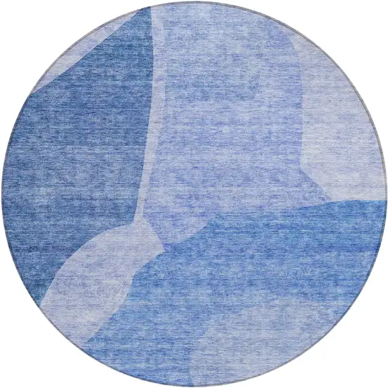 8' Navy Blue And Denim Blue Round Abstract Washable Indoor Outdoor Area Rug Photo 2