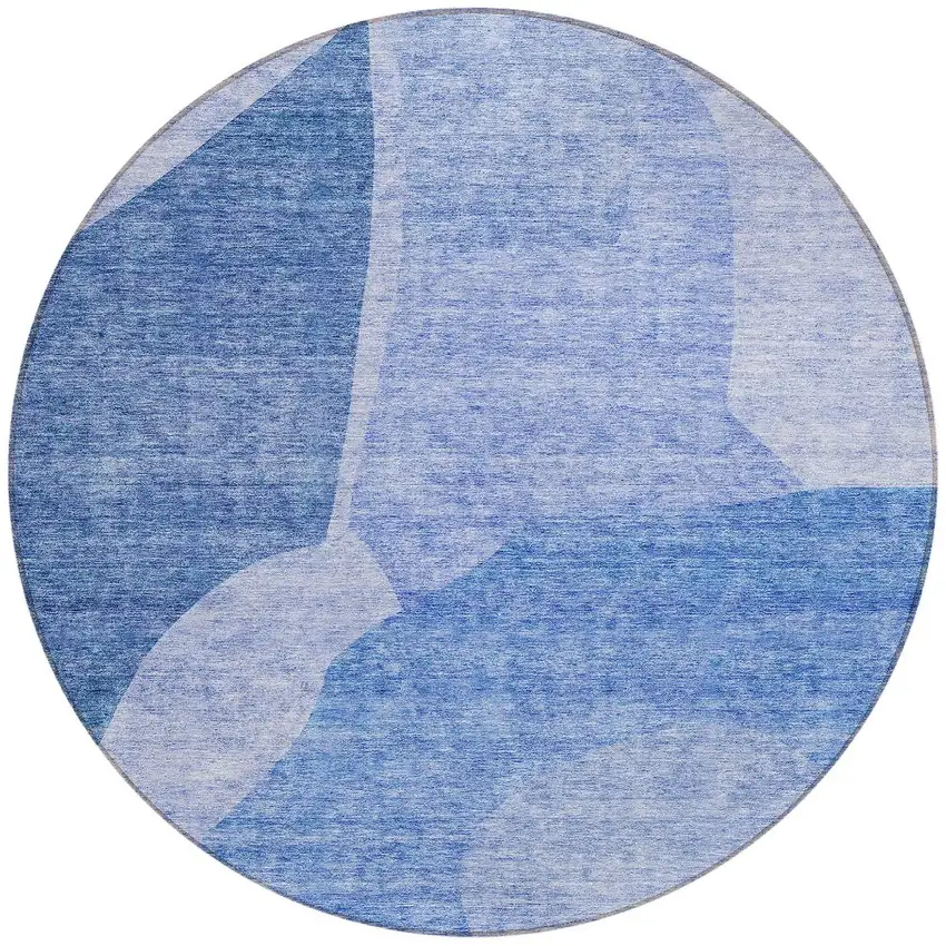 8' Navy Blue And Denim Blue Round Abstract Washable Indoor Outdoor Area Rug Photo 5