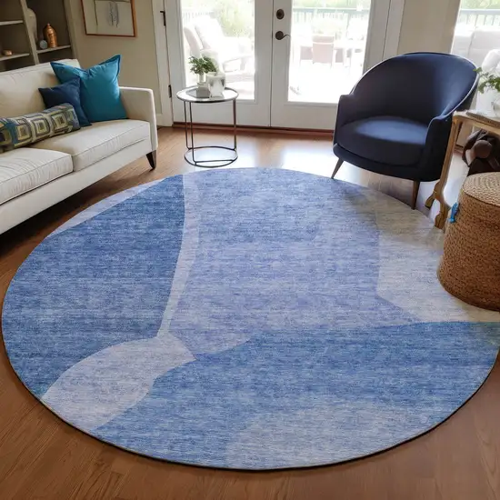 8' Navy Blue And Denim Blue Round Abstract Washable Indoor Outdoor Area Rug Photo 6