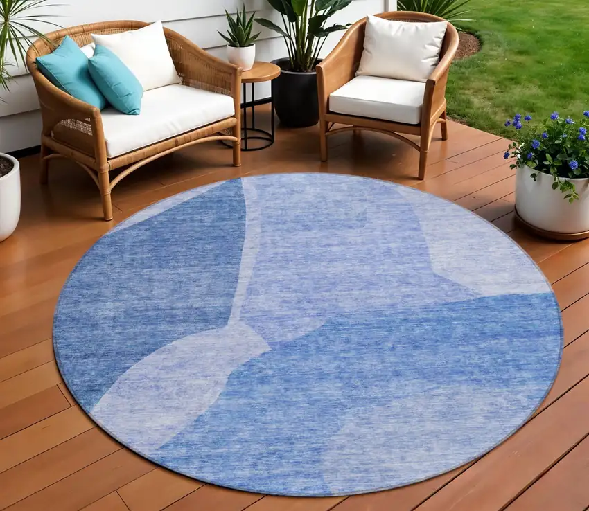 8' Navy Blue And Denim Blue Round Abstract Washable Indoor Outdoor Area Rug Photo 1