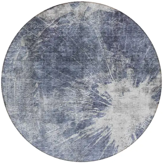 8' Navy Blue And Denim Blue Round Abstract Washable Indoor Outdoor Area Rug Photo 5