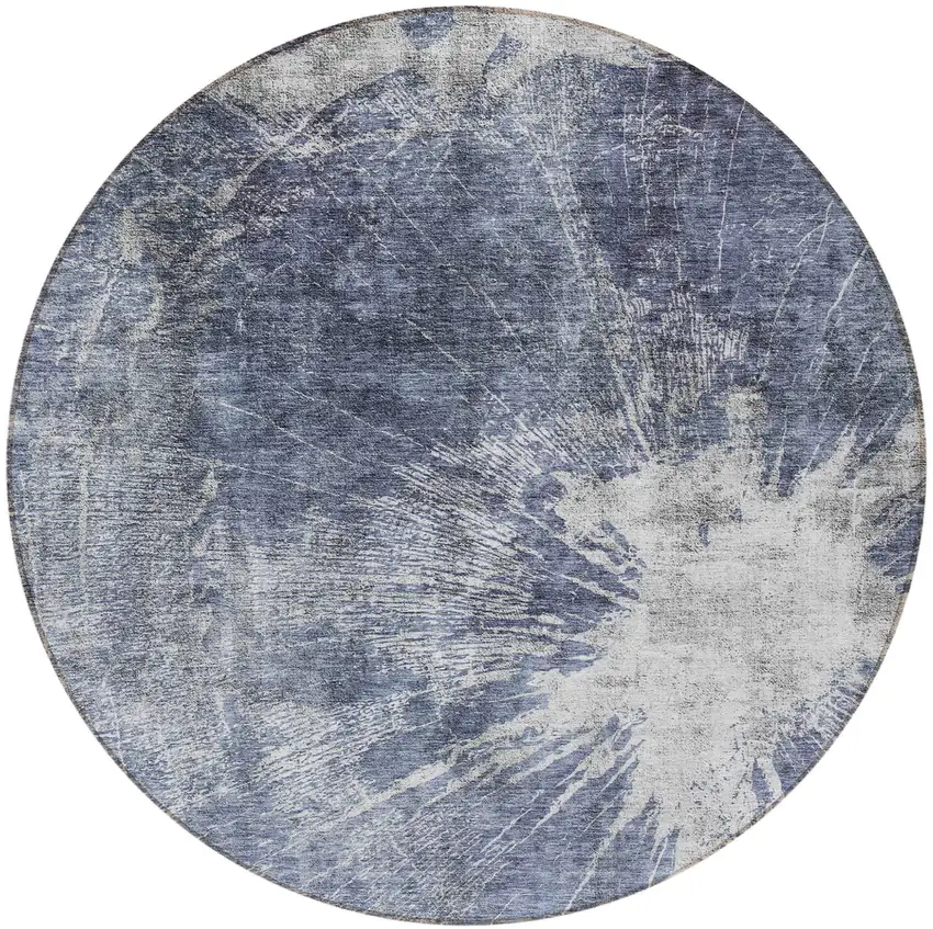 8' Navy Blue And Denim Blue Round Abstract Washable Indoor Outdoor Area Rug Photo 5