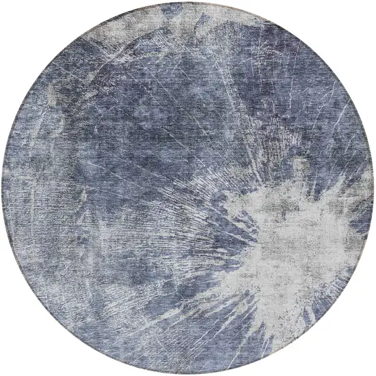 8' Navy Blue And Denim Blue Round Abstract Washable Indoor Outdoor Area Rug Photo 5