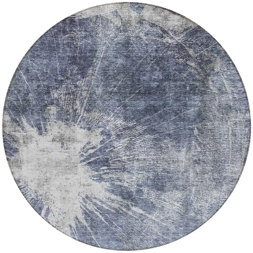 8' Navy Blue And Denim Blue Round Abstract Washable Indoor Outdoor Area Rug Photo 4