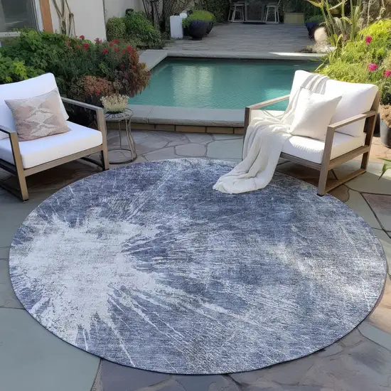 8' Navy Blue And Denim Blue Round Abstract Washable Indoor Outdoor Area Rug Photo 6