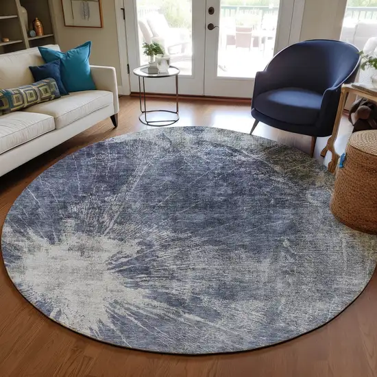8' Navy Blue And Denim Blue Round Abstract Washable Indoor Outdoor Area Rug Photo 7