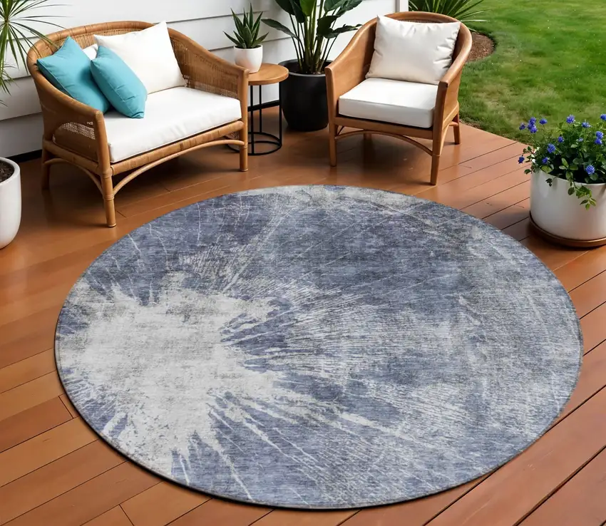 8' Navy Blue And Denim Blue Round Abstract Washable Indoor Outdoor Area Rug Photo 1